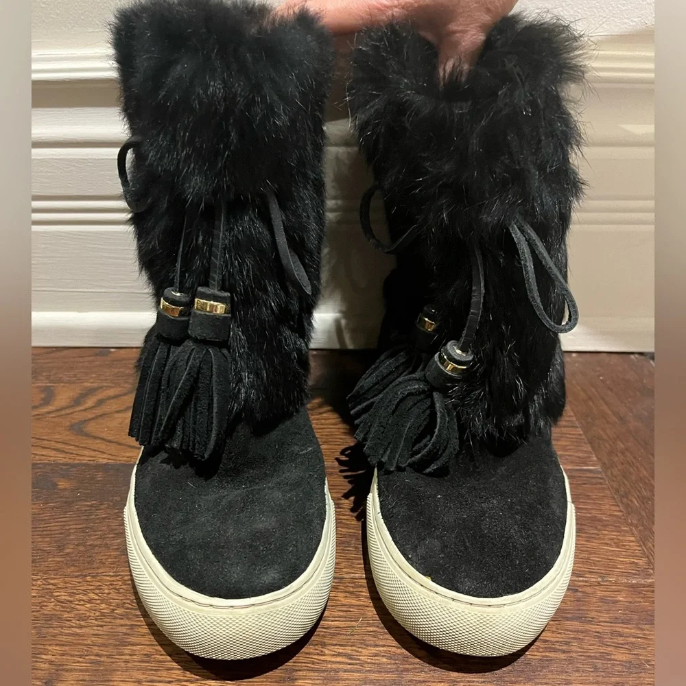 Tory Burch Angelica Black Rabbit Suede Winter Boots - Picture 5 of 11